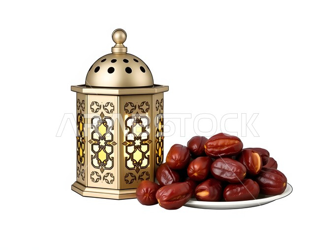 افطار الصائم في رمضان, ضيافة شهر الخير، فانوس معدني تقليدي مزخرف مضيء بجانب وعاء مليء بالتمر، فوانيس و تحف اسلامية تقليدية للاحتفال بقدوم المناسبات الدينية, منتج محلي وطني، وجبة ذات قيمة غذائية عالية، غذاء صحي ومفيد، خلفية بيضاء