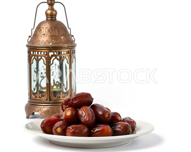 فانوس معدني تقليدي مزخرف مضيء بجانب وعاء مليء بالتمر، فوانيس و تحف اسلامية تقليدية للاحتفال بقدوم المناسبات الدينية, منتج محلي وطني، وجبة ذات قيمة غذائية عالية، غذاء صحي ومفيد، افطار الصائم في رمضان, ضيافة شهر الخير، خلفية بيضاء