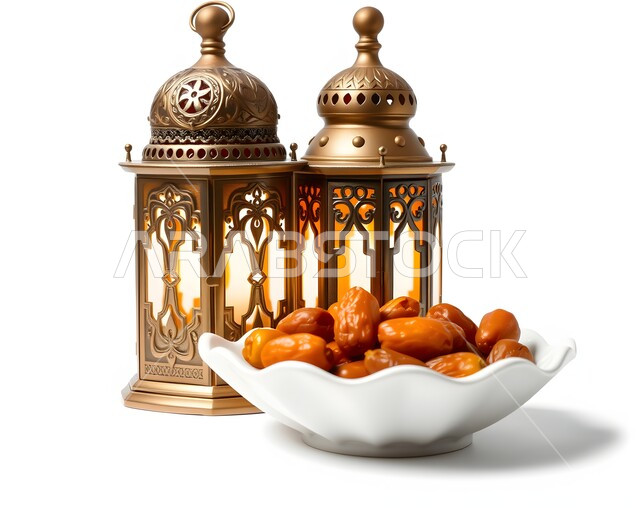 افطار الصائم في رمضان, ضيافة شهر الخير، فانوس معدني تقليدي مزخرف مضيء بجانب وعاء مليء بالتمر، فوانيس و تحف اسلامية تقليدية للاحتفال بقدوم المناسبات الدينية, منتج محلي وطني، وجبة ذات قيمة غذائية عالية، غذاء صحي ومفيد، خلفية بيضاء