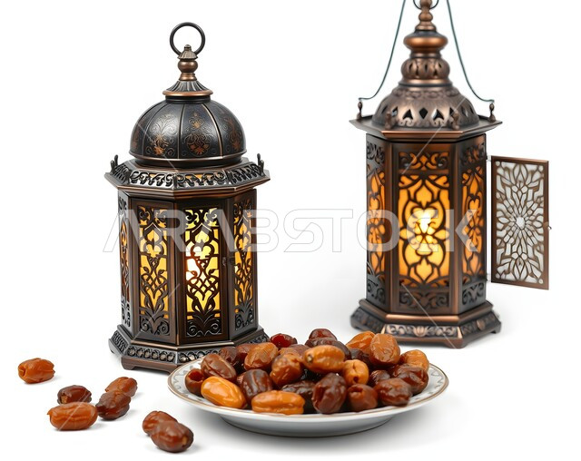 غذاء صحي ومفيد، افطار الصائم في رمضان, ضيافة شهر الخير، فانوس معدني تقليدي مزخرف مضيء بجانب وعاء مليء بالتمر، فوانيس و تحف اسلامية تقليدية للاحتفال بقدوم المناسبات الدينية, منتج محلي وطني، وجبة ذات قيمة غذائية عالية، خلفية بيضاء