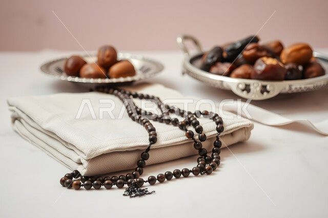 محصول ومنتج محلي وطني، وجبة غذائية بسعرات حراريه مفيدة، افطار الصائم في رمضان، غذاء صحي ومفيد، الالتزام والتمسك بالأذكار، ضيافة المناسبات والأعياد في المملكة العربية السعودية، وعاء مليء بالتمر بجانب سبحه مصنوعه من الخرز لذكر الله تعالى