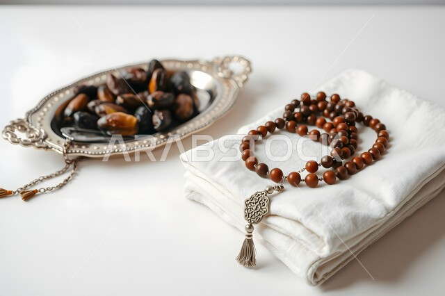 Commitment and adherence to remembrances, hospitality for occasions and holidays in the Kingdom of Saudi Arabia, a bowl full of dates next to a rosary made of beads to remember God Almighty, a local national crop and product, a meal with useful calories, breakfast for the fasting person in Ramadan, healthy and useful food