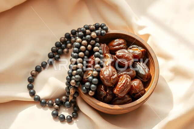 منتج ومحصول محلي وطني، وجبة غذائية بسعرات حراريه مفيدة، افطار الصائم في رمضان، غذاء صحي ومفيد، الالتزام والتمسك بالأذكار، ضيافة المناسبات والأعياد في المملكة العربية السعودية، وعاء مليء بالتمر بجانب سبحه مصنوعه من الخرز لذكر الله تعالى