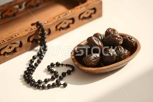 A plate full of dates next to a rosary made of beads for the remembrance of God Almighty, the fasting person’s breakfast in Ramadan, a local national product and crop, a meal with useful calories, healthy and useful food, commitment and adherence to remembrances, hosting occasions and holidays in the Kingdom of Saudi Arabia