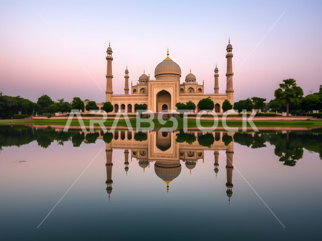 الديكور والتصميم الإسلامي، المآذن والقبب المبنية على الطراز العريق، انعكاس المسجد المحاط بالأشجار على المياه الصافية، الفن الهندسي المعماري لبناء المساجد في المملكة العربية السعودية، العبادة والطاعة والتقرب الى الله،  خلفية السماء الزرقاء