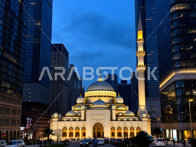 مفهوم العباده والتقرب إلى الله، أداء فريضة الصلاة، التصميم الاسلامي والديكور الخارجي للمآذن والقبب، الفن الهندسي المعماري لبناء مسجد في المملكة العربية السعودية، الأماكن الدينية المقدسة على الطراز العصري الحديث في الليل