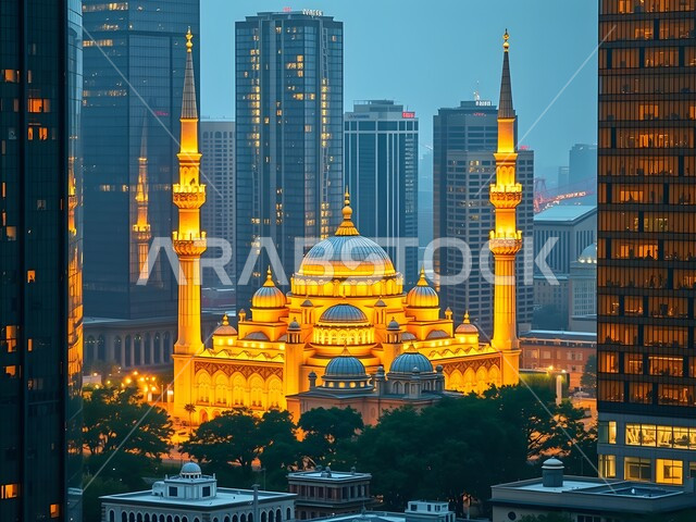 التصميم الاسلامي والديكور الخارجي للمآذن والقبب، الفن الهندسي المعماري لبناء مسجد في المملكة العربية السعودية، الأماكن الدينية المقدسة على الطراز العصري الحديث في الليل، مفهوم العباده والتقرب إلى الله، أداء فريضة الصلاة