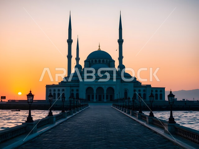 الفن الهندسي المعماري لبناء مسجد في المملكة العربية السعودية، الأماكن الدينية المقدسة على الطراز العصري الحديث وقت غروب الشمس، مفهوم العباده والتقرب إلى الله، أداء فريضة الصلاة، التصميم الاسلامي والديكور الخارجي للمآذن والقبب