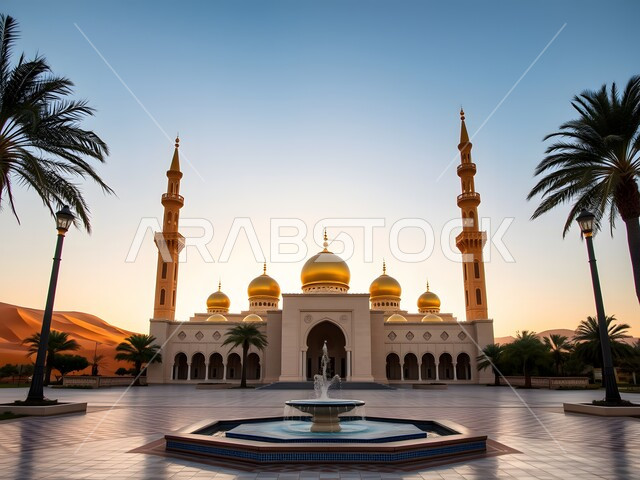 نافورة مياه بتفاصيل الزخرفة الجبسيه، الاهتمام برزاعة أشجار النخيل، التصميم الاسلامي والديكور الخارجي للمآذن والقبب، الفن الهندسي المعماري لبناء مسجد في المملكة العربية السعودية، الأماكن الدينية المقدسة على الطراز العصري الحديث