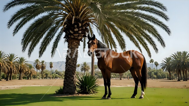 رمز الشجاعة والفروسية ومهارة ركوب الخيل العربي، الشغف بالخيول وحب الفرس السعودي, توارث حب ورعاية الجواد من الأجداد في المملكة العربية السعودية, حصان بني اللون يقف في المحمية الطبيعية، ممارسة هواية ركوب الأحصنة، الاهتمام بزراعة اشجار النخيل