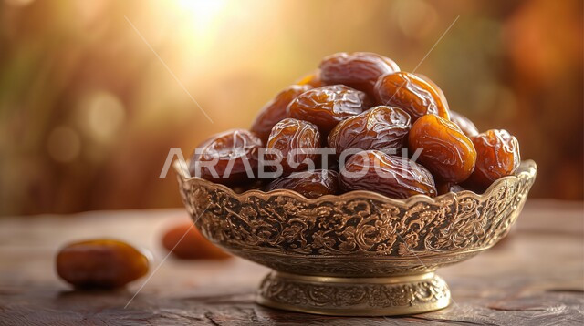منتج ومحصول محلي وطني سعودي، وجبة غذائية مفيدة، افطار الصائم في رمضان، غذاء صحي ومفيد، ضيافة المناسبات والأعياد في المملكة العربية السعودية، وعاء معدني مزخرف مليء بالتمر
