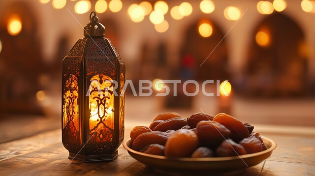 الديكور والأنوار في الأجواء الرمضانية الروحانية، فوانيس وتحف اسلامية تقليدية للاحتفال بقدوم شهر الخير، ضيافة شهر رمضان المبارك، فانوس عربي معدني مزخرف بجانب وعاء مليء بالتمر، منتج وطني محلي في المملكة العربية السعودية