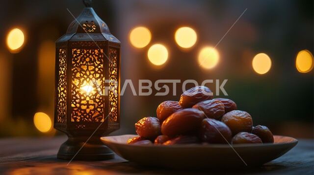 ضيافة شهر رمضان المبارك، فانوس عربي معدني مزخرف بجانب وعاء مليء بالتمر، الديكور والأنوار في الأجواء الرمضانية الروحانية، فوانيس وتحف اسلامية تقليدية للاحتفال بقدوم شهر الخير، منتج وطني محلي في المملكة العربية السعودية