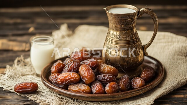 وعاء مليء بالتمر بجانب إبريق من الحليب على طاولة خشبية، غذاء صحي ومفيد، منتج ومحصول محلي وطني سعودي، وجبة غذائية بسعرات حرارية مفيدة، ضيافة المناسبات والأعياد في المملكة العربية السعودية، افطار الصائم في رمضان