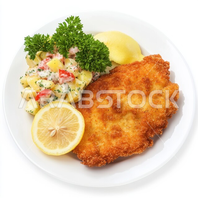 شريحة من الدجاج البانية المقرمش المقلي والمزين بشريحة الليمون والبقدونس, المأكولات العربية الشهية، وجبة طعام بنكة شرقية مميزة، فنون التقديم في مطعم في المملكة العربية السعودية، خلفية بيضاء