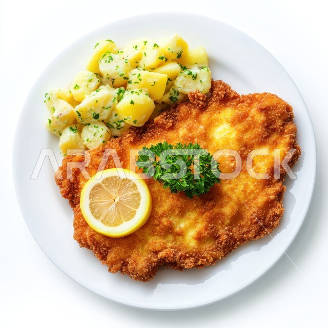 المأكولات العربية الشهية، شريحة من الدجاج البانية المقرمش المقلي والمزين بشريحة الليمون والبقدونس, وجبة طعام بنكة شرقية مميزة، فنون التقديم في مطعم في المملكة العربية السعودية، خلفية بيضاء