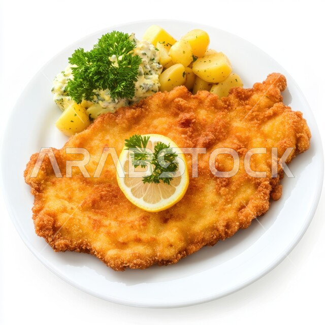 Delicious Arabic food, a slice of crispy fried Albanian chicken garnished with a slice of lemon and parsley, a meal with a distinctive oriental flavour, presentation arts in a restaurant in Saudi Arabia, white background