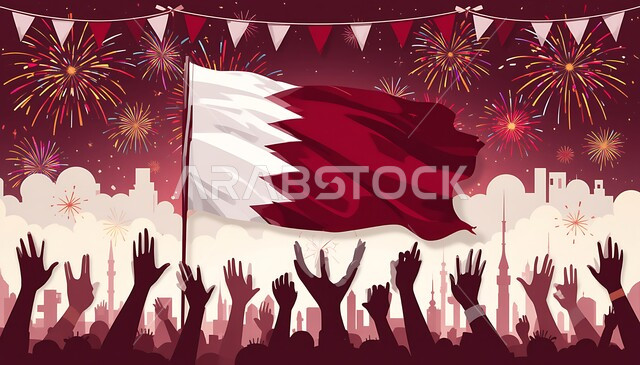 المفرقعات والألعاب النارية في السماء، علم دولة قطر، الفخر والاعتزاز بالرموز والثقافة القطرية، إحياء ذكرى العيد الوطني القطري 1878، مفهوم حب الوطن والإنتماء إليه، الإحتفال بالأعياد والمناسبات الوطنية في 18 ديسمبر