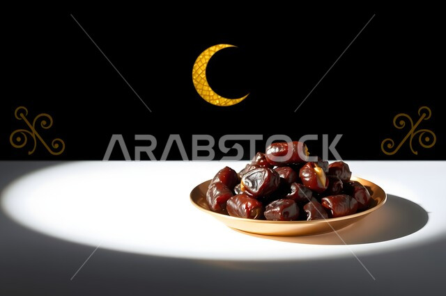محصول ومنتج محلي وطني، وجبة غذائية بسعرات حراريه مفيدة، افطار الصائم في رمضان، غذاء صحي ومفيد، ضيافة المناسبات والأعياد في المملكة العربية السعودية، وعاء مليء بالتمر، هلال وزينة الشهر الفضيل، خلفية سوداء