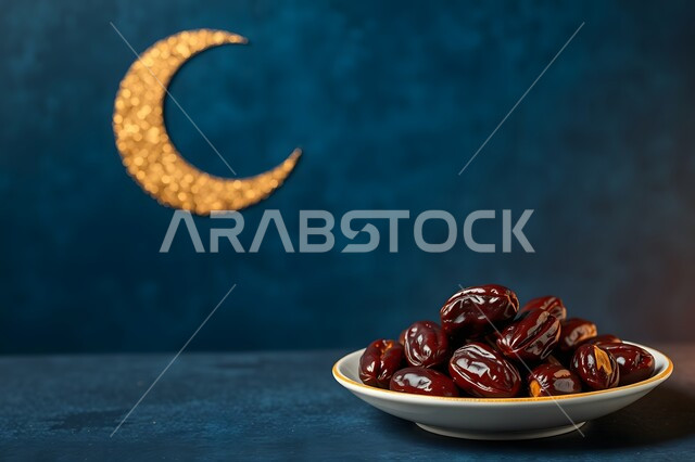 وجبة غذائية بسعرات حراريه مفيدة، افطار الصائم في رمضان، غذاء صحي ومفيد، ضيافة المناسبات والأعياد في المملكة العربية السعودية، وعاء مليء بالتمر، محصول ومنتج محلي وطني، هلال وزينة الشهر الفضيل، خلفية زرقاء