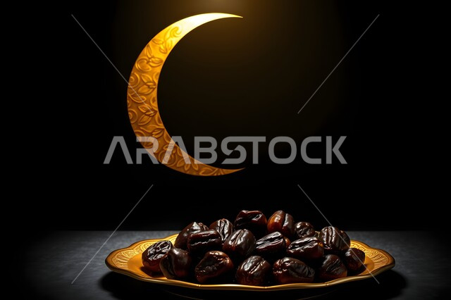محصول ومنتج محلي وطني، وجبة غذائية بسعرات حراريه مفيدة، افطار الصائم في رمضان، غذاء صحي ومفيد، ضيافة المناسبات والأعياد في المملكة العربية السعودية، وعاء مليء بالتمر، هلال وزينة الشهر الفضيل، خلفية سوداء