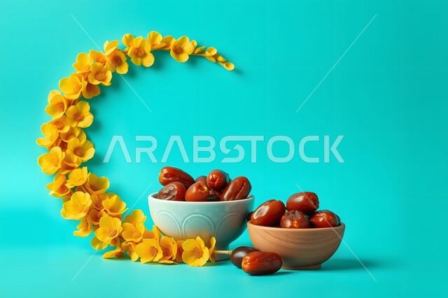 وجبة غذائية بسعرات حراريه مفيدة، افطار الصائم في رمضان، غذاء صحي ومفيد، ضيافة المناسبات والأعياد في المملكة العربية السعودية، وعاء مليء بالتمر، محصول ومنتج محلي وطني، هلال وزينة الشهر الفضيل، خلفية زرقاء