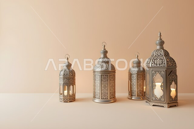 أنوار ومصابيح في الأجواء الرمضانية الروحانية، فانوس عربي معدني مزخرف، فوانيس وتحف اسلامية تقليدية للاحتفال بقدوم شهر الخير، إضاءة وزينة شهر رمضان المبارك، خلفية بيج