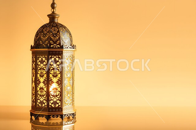 أنوار ومصابيح في الأجواء الرمضانية الروحانية، فانوس عربي معدني مزخرف، فوانيس وتحف اسلامية تقليدية للاحتفال بقدوم شهر الخير، إضاءة وزينة شهر رمضان المبارك، خلفية بيج