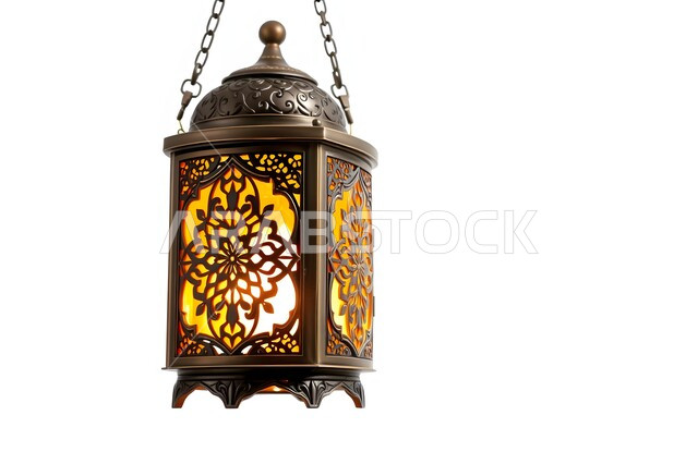 فانوس عربي معدني مزخرف، فوانيس وتحف اسلامية تقليدية للاحتفال بقدوم شهر الخير، أنوار ومصابيح في الأجواء الرمضانية الروحانية، إضاءة وزينة شهر رمضان المبارك، خلفية بيضاء