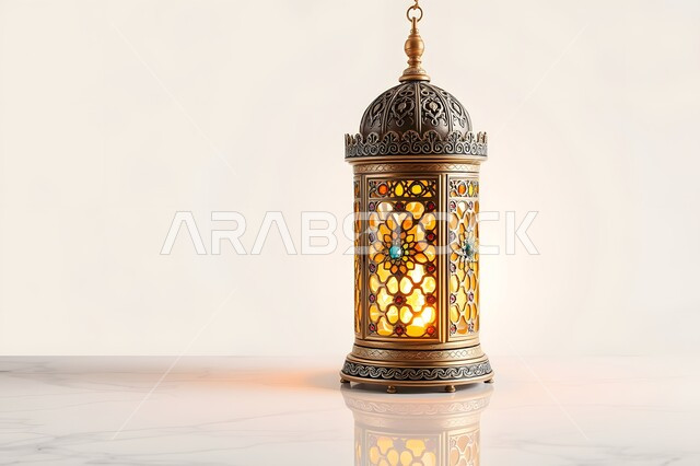 فانوس عربي معدني مزخرف، فوانيس وتحف اسلامية تقليدية للاحتفال بقدوم شهر الخير، أنوار ومصابيح في الأجواء الرمضانية الروحانية، إضاءة وزينة شهر رمضان المبارك، خلفية بيضاء