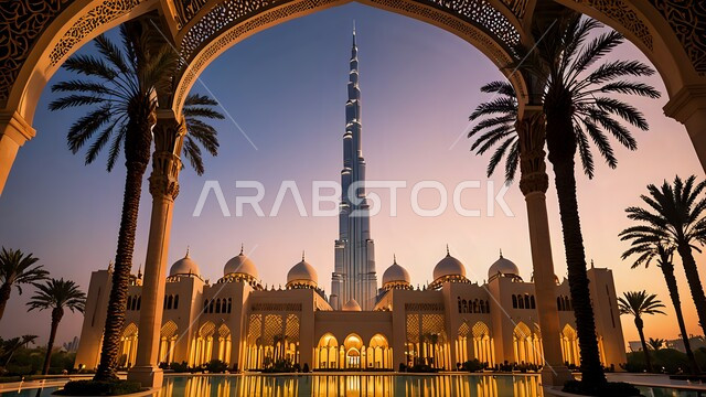 برج خليفة في دبي، الفن الهندسي المعماري لبناء الأبراج وناطحات السحاب على الطراز الحديث, الأماكن والمعالم السياحية المشهورة في الإمارات العربية المتحدة, جذب واستقطاب السياح من أنحاء العالم, التطور والتقدم العمراني لمسجد مضيء في الليل، الاهتمام بزراعة اشجار النخيل