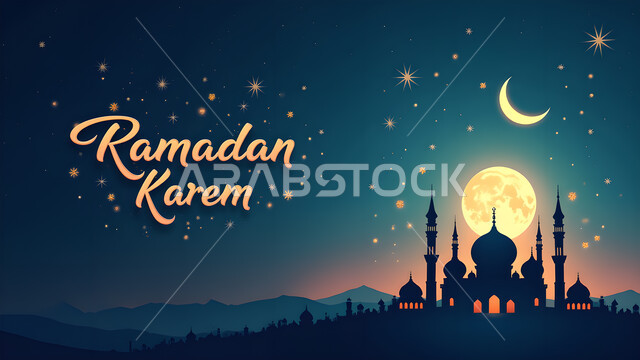 عبارة رمضان كريم باللغة الانجليزية واللون الذهبي، منظر الهلال والنجوم في شهر رمضان المبارك، بطاقة معايدة وتهنئة للإحتفال بقدوم الشهر الفضيل، أجواء رمضانية روحانية, صورة ظلية لمسجد اسلامي في وقت الليل، سيلويت