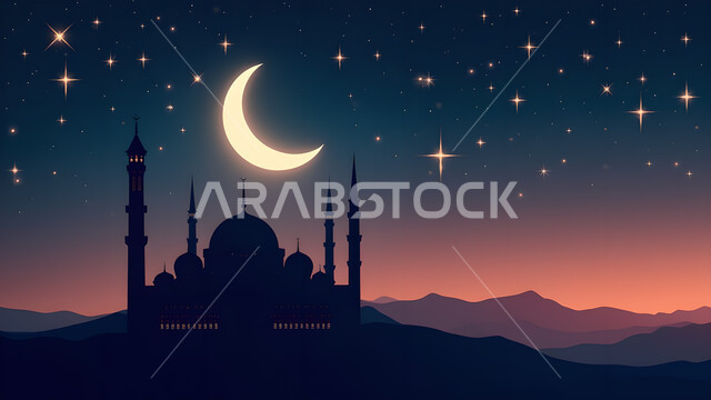 أجواء رمضانية روحانية, منظر الهلال والنجوم في شهر رمضان المبارك، الفن الهندسي المعماري لبناء المساجد في المملكة العربية السعودية، صورة ظلية لمسجد اسلامي في وقت الليل، سيلويت