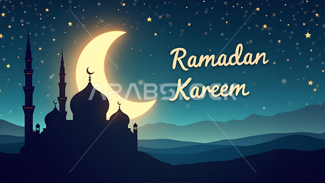 بطاقة معايدة وتهنئة للإحتفال بقدوم الشهر الفضيل، منظر الهلال والنجوم في شهر رمضان المبارك، عبارة رمضان كريم باللغة الانجليزية واللون الذهبي، أجواء رمضانية روحانية, صورة ظلية لمسجد اسلامي في وقت الليل، سيلويت