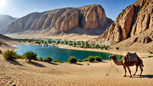 نمو النباتات البرية والشوكية، تربية الجمال والابل في المحميات الطبيعية في المملكة العربية السعودية، بركة ماء وسط واحة في الطبيعة الصحراوية, جمل عربي أصيل يسير وسط الصحراء في النهار، الهضاب والتلال والجبال الصخرية, الاهتمام ورعاية المواشي والثديات في الصحاري