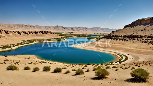 Water pool in the middle of an oasis in the desert, nature reserves in Saudi Arabia, plateaus, hills and rocky mountains in the desert, recreational safari areas, wild plants growing in deserts