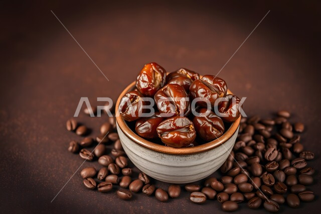 وجبة غذائية بسعرات حراريه مفيدة، افطار الصائم في رمضان، غذاء صحي ومفيد، ضيافة المناسبات والأعياد في المملكة العربية السعودية، وعاء مليء بالتمر وبجانبه حبوب من البن الطازج، محصول ومنتج محلي وطني