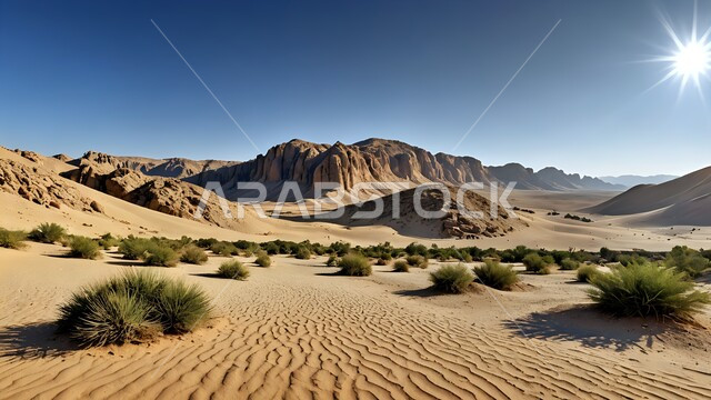 Desert areas and sand dunes in the prairies, formations and configurations and rocky mountain range, soft golden sand, terrain and mountain peaks in the desert of the Kingdom of Saudi Arabia, growth of wild and thorny plants