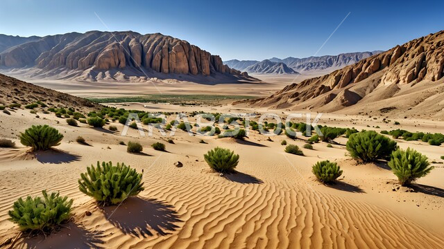 Desert areas and sand dunes in the prairies, formations and configurations and rocky mountain range, soft golden sand, terrain and mountain peaks in the desert of the Kingdom of Saudi Arabia, growth of wild and thorny plants