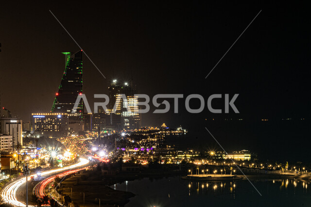 الفن الهندسي المعماري للمباني والمنشآت في مدينة جدة, الأفق والمعالم التجارية المشهورة المضيئة في الليل، الواجهة البحرية في المملكة العربية السعودية, الاستمتاع بالمناظر الطبيعية المائية والأمواج, الأبراج وناطحات السحاب في المدينة الساحلية