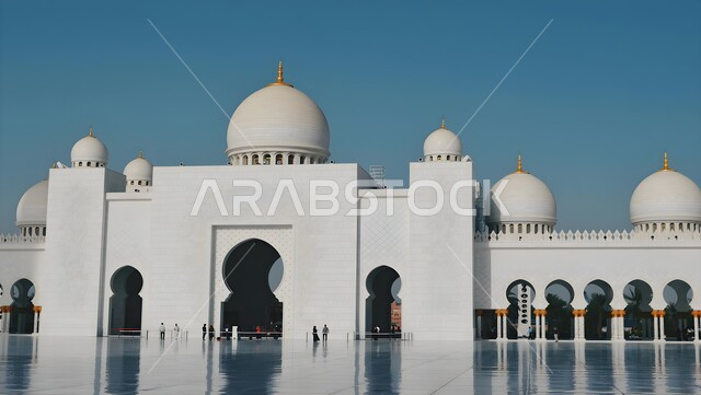 الساحة الخارجية في مسجد الشيخ زايد بن سلطان في مدينة أبو ظبي, التصميم المتميز للقبب والمآذن، الفن الهندسي المعماري لبناء المساجد على الطراز العربي الإسلامي، معلم ديني إسلامي مشهور في الإمارات العربية المتحدة