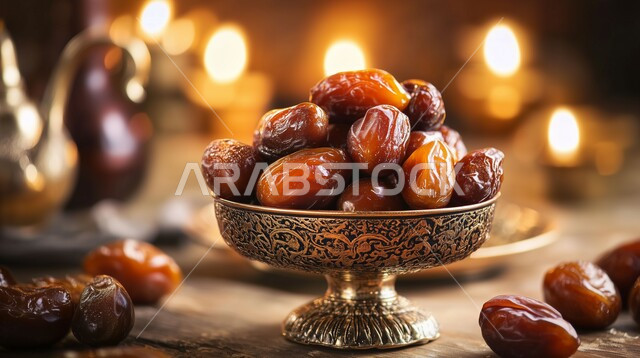افطار الصائم في رمضان، غذاء صحي ومفيد، منتج ومحصول محلي وطني سعودي، وجبة غذائية مفيدة، ضيافة المناسبات والأعياد في المملكة العربية السعودية، وعاء معدني مزخرف مليء بالتمر