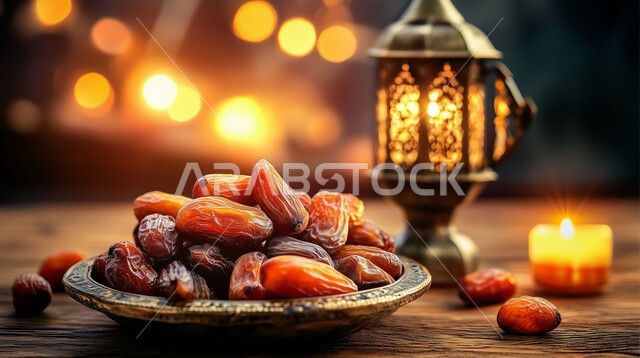 Decoration and lights in the spiritual atmosphere of Ramadan, traditional Islamic lanterns and artifacts to celebrate the arrival of the month of goodness, hospitality of the holy month of Ramadan, an Arabic metal lantern decorated next to a bowl filled with dates, a local national product in the Kingdom of Saudi Arabia