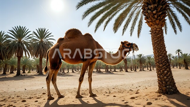 استخدام الحيوانات للتنقل في البادية، الكثبان الرملية والطبيعة الصحراوية في المملكة العربية السعودية, حيوان الإبل يقف وسط أشجار النخيل في الصحراء وضح النهار، تربية المواشي في المحميات الطبيعيه