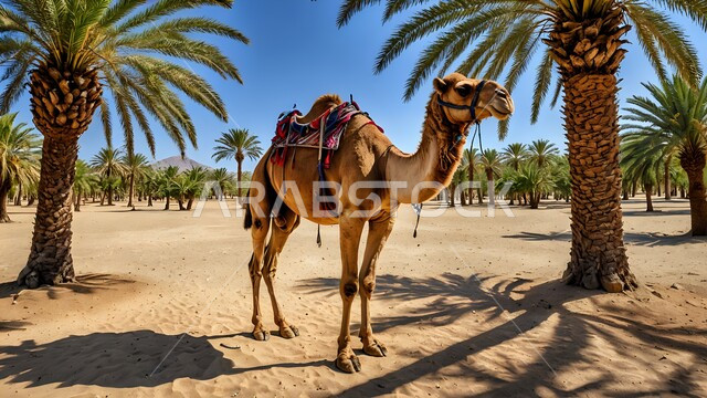 الكثبان الرملية والطبيعة الصحراوية في المملكة العربية السعودية, استخدام الحيوانات للتنقل في البادية، حيوان الإبل يقف وسط أشجار النخيل في الصحراء وضح النهار، تربية المواشي في المحميات الطبيعيه