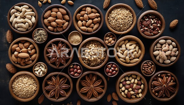 حبوب صحية ذات قيمة غذائية عالية، محاصيل ومنتجات وطنية محلية سعودية، أوعية خشبية مليئة بالبذور والمكسرات المغذية والمفيدة، سناك صحي خفيف