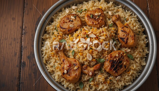 منسف سعودي بالدجاج المشوي والأرز مزين بالصنوبر واللوز، طبق من المأكولات اللذيذة الشعبية، فن طهي وجبات العزائم في المملكة العربية السعودية, وصفة الطعام الصحية الشهية، طبق من الكبسة التقليدية على طاولة خشبية