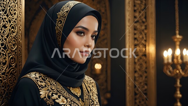 مفهوم الأنوثة والنعومة, ملابس نسائية بتصاميم عصرية، صورة مقربة لامرأة عربية خليجية سعودية محجبة ترتدي عباءة تقليدية سوداء مطرزة باللون الذهبي، النظر إلى الكاميرا بإيماءات الثقة بالنفس, الاهتمام بالأناقة والمظهر الخارجي