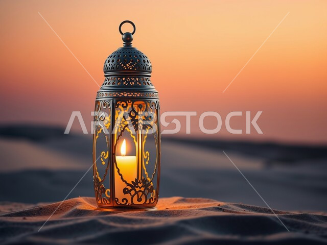 إضاءة و زينة الاعياد والمناسبات الدينية، تحفة إسلامية عريقة، فانوس معدني مزخرف مضيء وسط الرمال الناعمة في وقت الغروب، البيئة الصحراوية والكثبان الرملية في المناطق البرية للمملكة العربية السعودية، خلفية طبيعية
