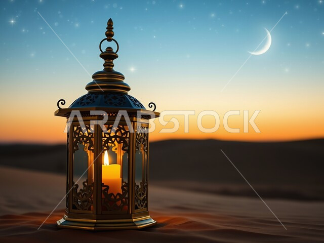 زينة و إضاءة الاعياد والمناسبات الدينية، البيئة الصحراوية والكثبان الرملية في المناطق البرية للمملكة العربية السعودية، فانوس معدني مزخرف مضيء وسط الرمال الناعمة، منظر هلال شهر رمضان في السماء ليلا، تحفة إسلامية عريقة، خلفية طبيعية
